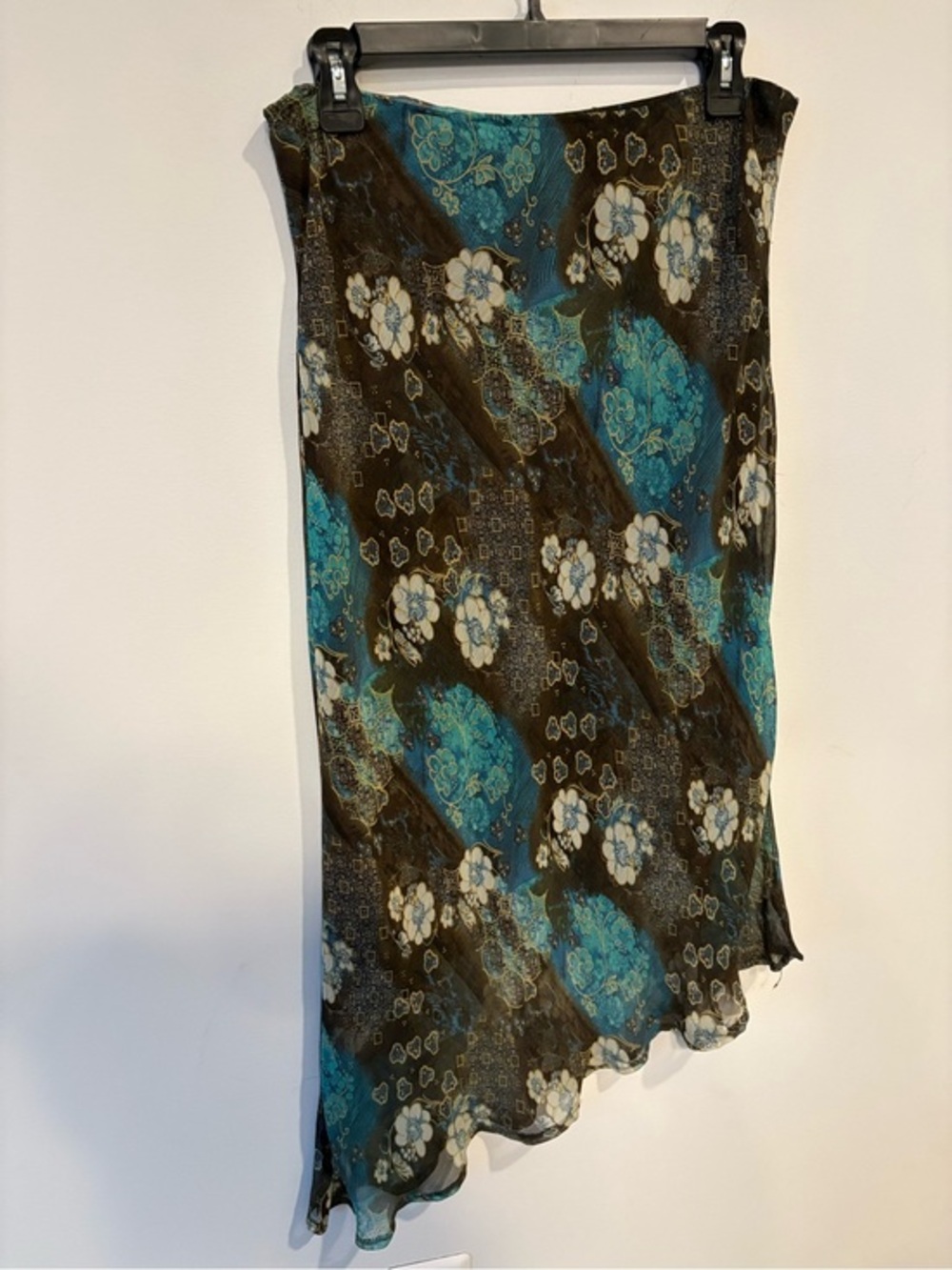 Vintage Y2K asymmetrical bias cut Floral Blue & Brown Sheer Midi Skirt sparkly